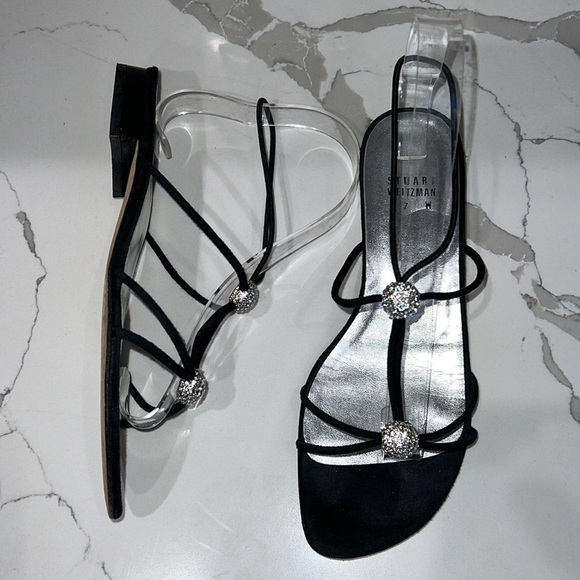 Stuart Weitzman Sz 7 Black Crystal Flat Sandals - Picture 1 of 8